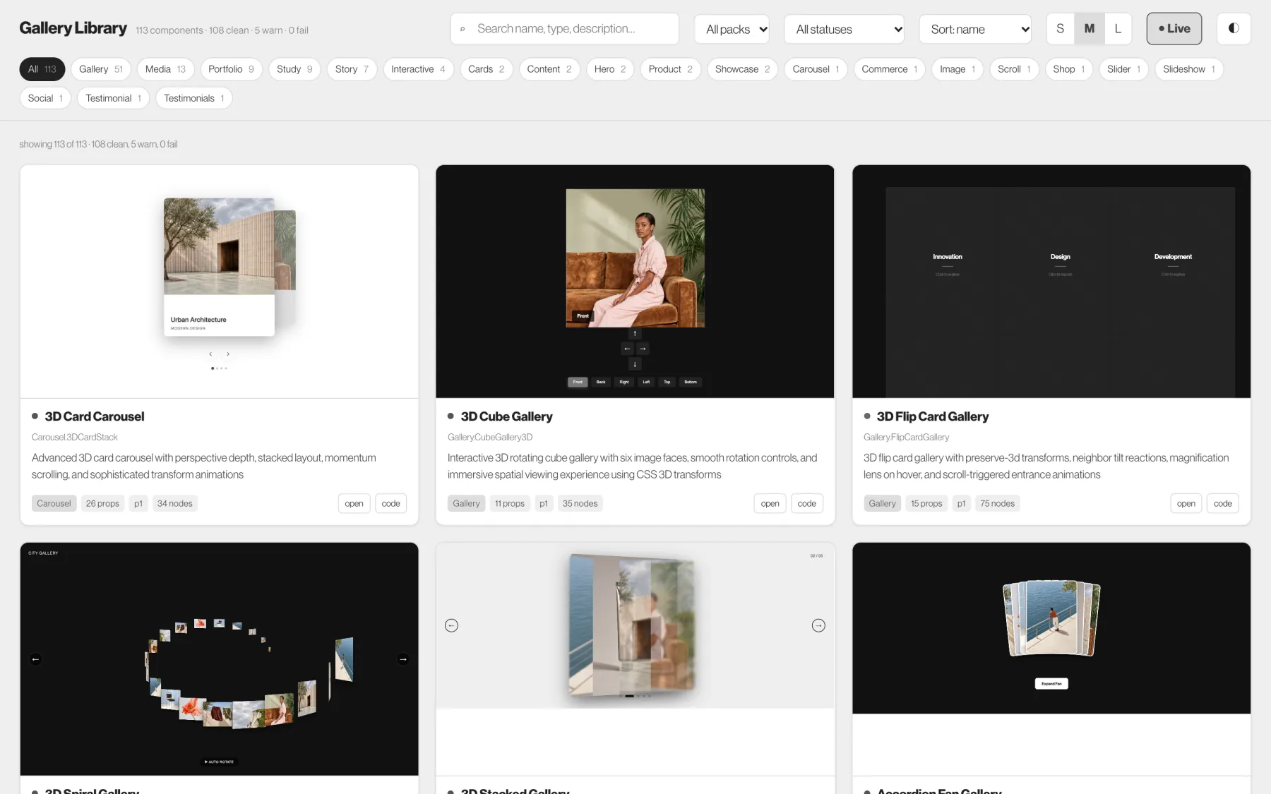Gallery Library grid showing component cards with live previews