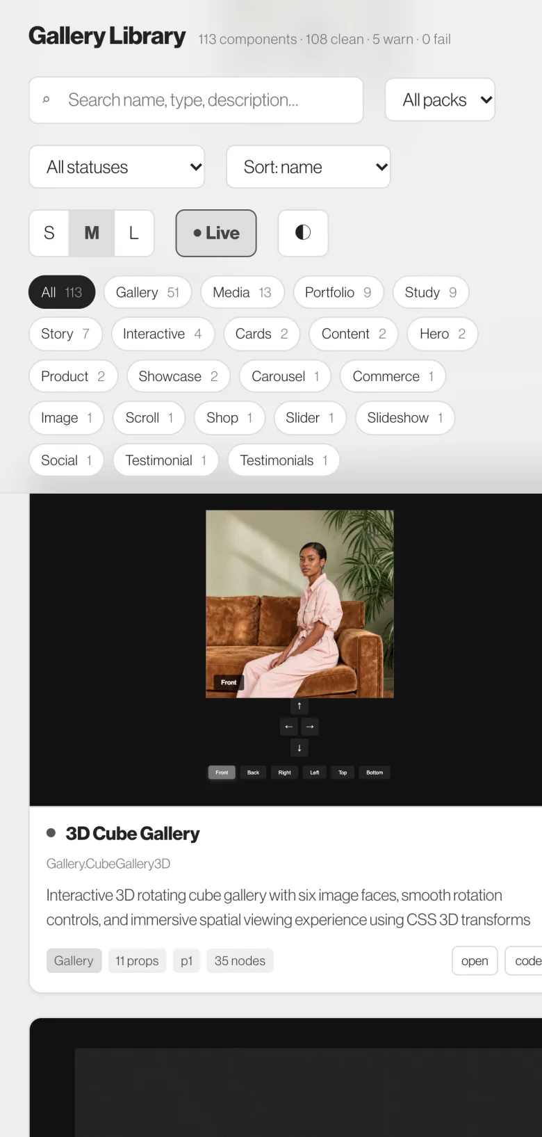 The library on a phone, one column of live previews